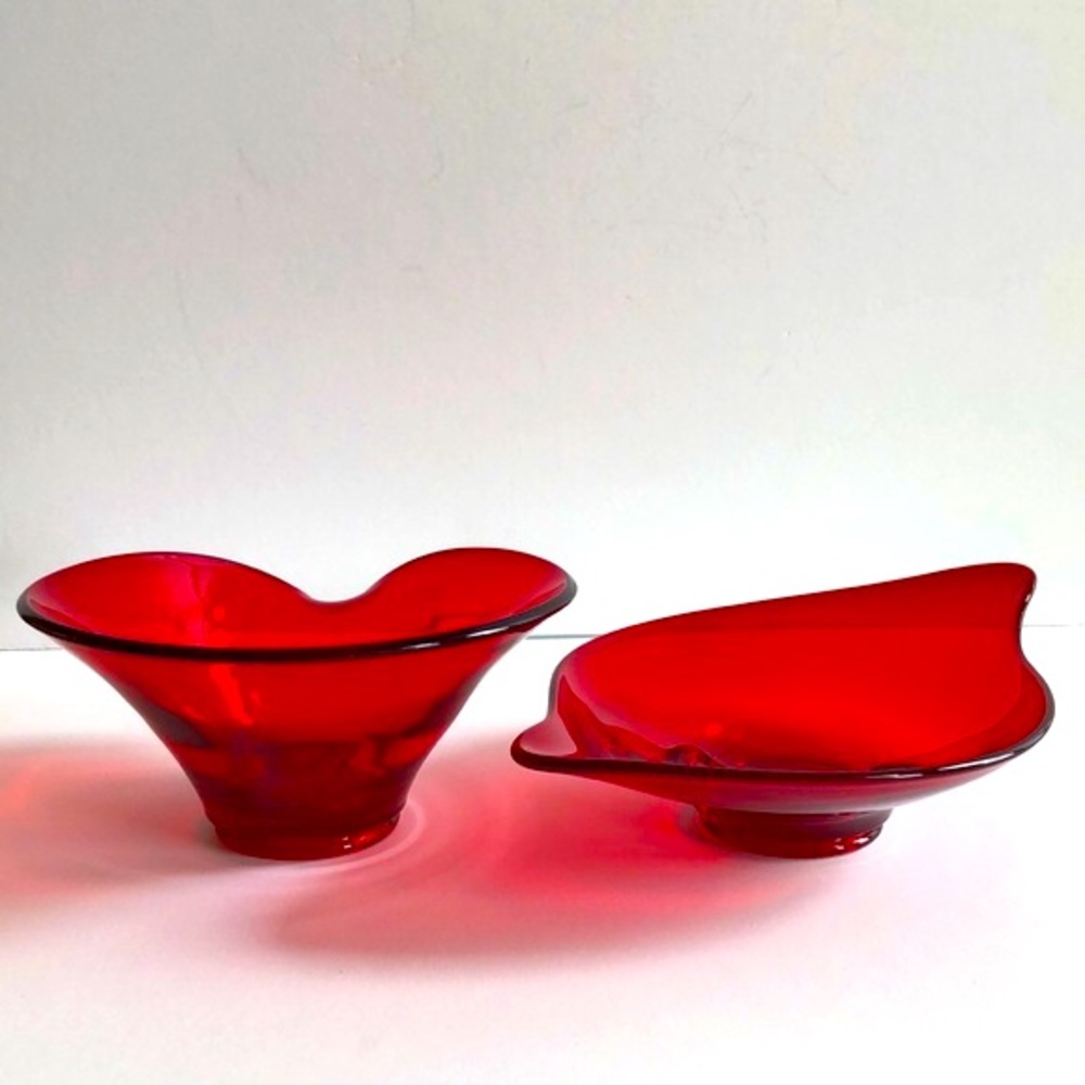 VTG Viking Art Glass Epic Ruby Red Oblong Boomerang and Bon Bon Bowl Set of 2